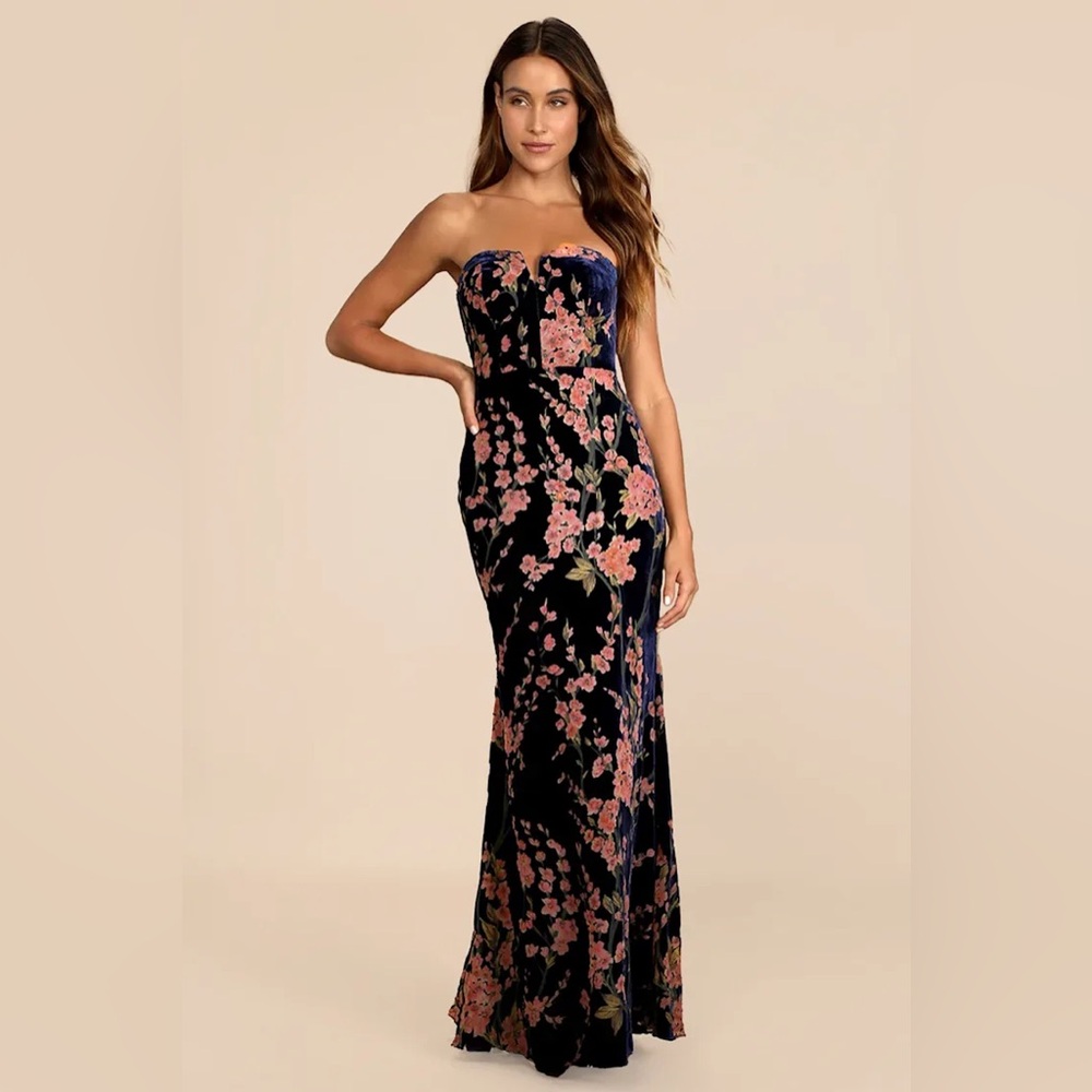 Lulus Bloom In Mind Navy Blue Floral Print Velvet Strapless Maxi Dress - Size S